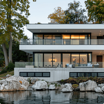 Stunning lakeside residence with seamless indoor-outdoor living, showcasing a minimalist design and a tranquil waterfront setting.
