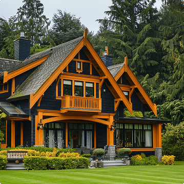 Luxury craftsman-style home with dark siding, prominent wood trim, and a large front lawn surrounded by trees.