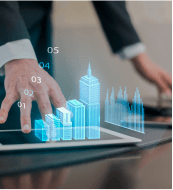 Person using a holographic interface to interact with a 3D bar graph.